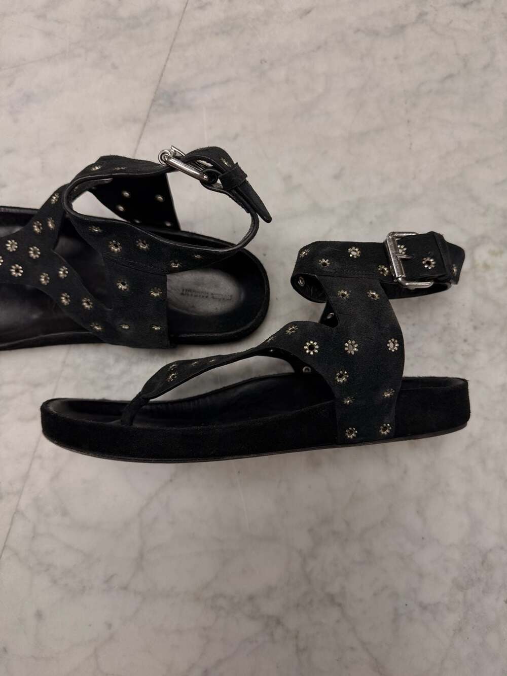 Isabel Marant Black Suede Elwina Eyelet Studded Ankle Strap Sandals - Picture 2 of 8